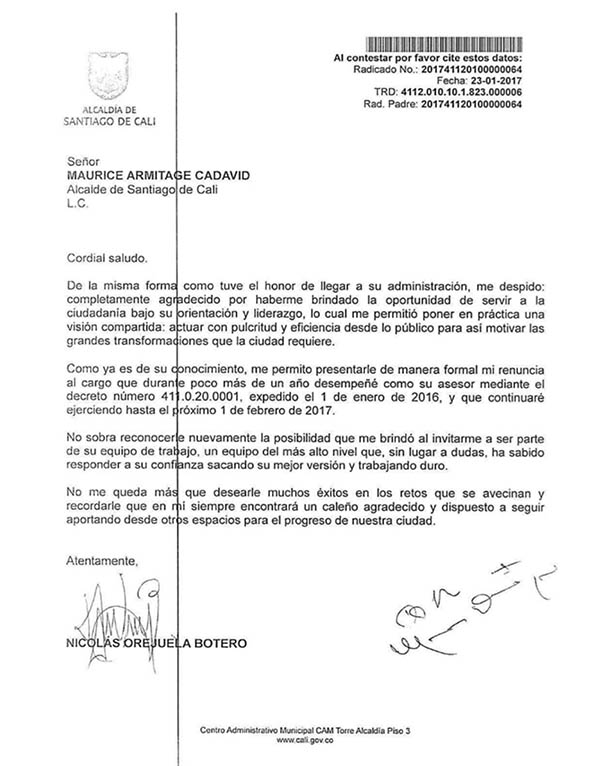 La carta de renuncia de Nicolás Orejuela a la alcaldía de Cali